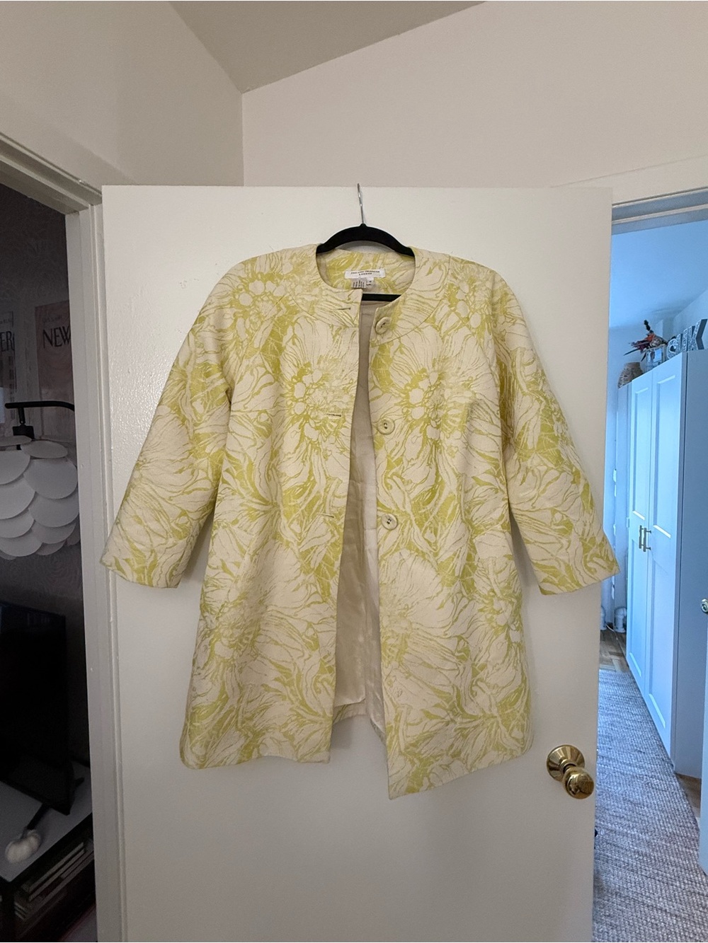 Helene Berman Floral Jacquard Pea Coat in Ivory & Lime